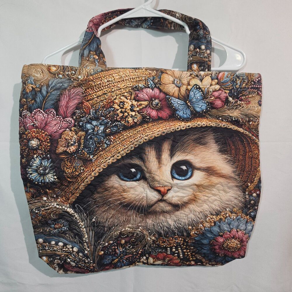 RIDESAY Quilted Tote Bag Spring Cat Flowers Blue Eyes Square Handbag NWT